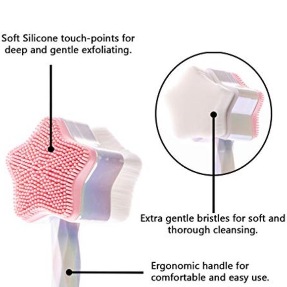 White Pink Star Shaped Face Wash Pore Cleanser 2 Sided Exfoliator Handled Brush - Picture 4 of 6